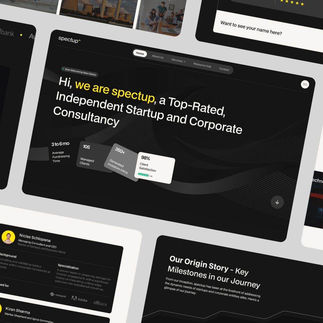 Canva Freelancers 40 Canvajoy Unlimited Graphic Design A digital collage showcases a websites dark-themed homepage, highlighting a consultancys top-rated services and unlimited graphic design options. Featuring metrics like 98% client satisfaction, it includes sections on team members and company milestones.