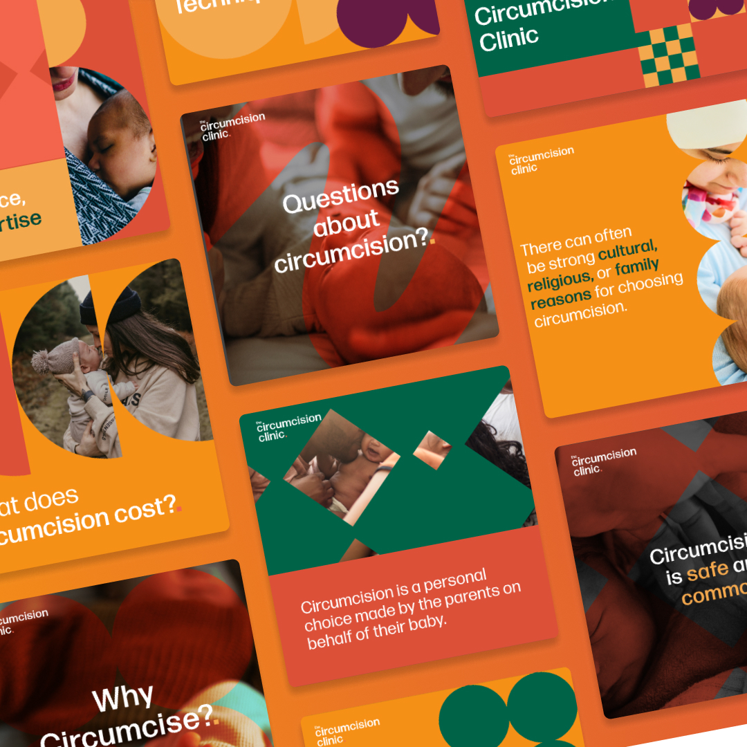 Canva Freelancers 45 Canvajoy Unlimited Graphic Design A vibrant collage of colorful informational cards on circumcision, with dominant hues of orange, green, and red. Featuring images of infants and parents hands, the design resembles those from an unlimited graphic design service, complete with text posing questions and facts about the procedure.