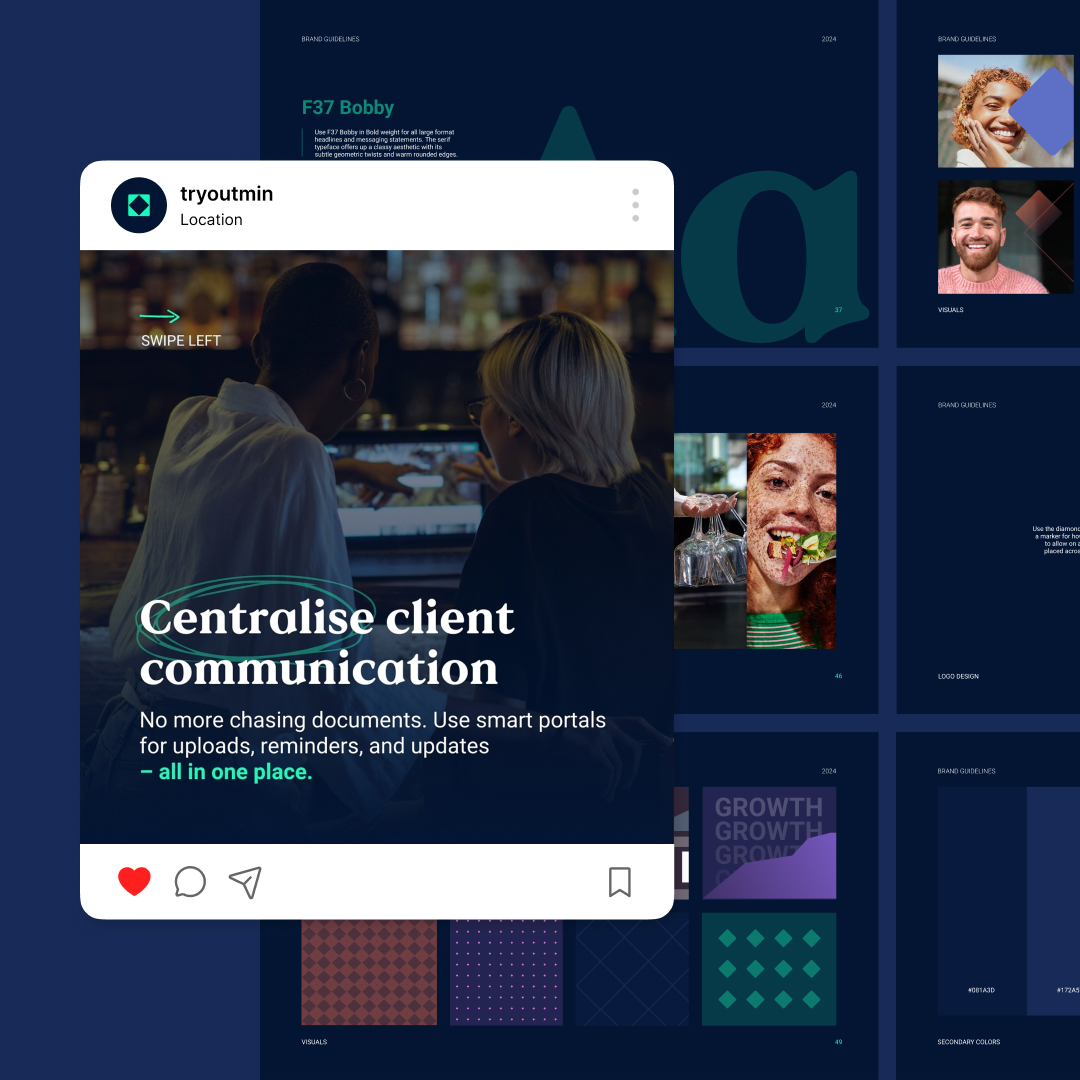 Canva Freelancers 65 Canvajoy Unlimited Graphic Design An Instagram post mockup featuring two people at a desk with the text Centralise client communication overlaid. The background displays various design elements like typography and colorful patterns.