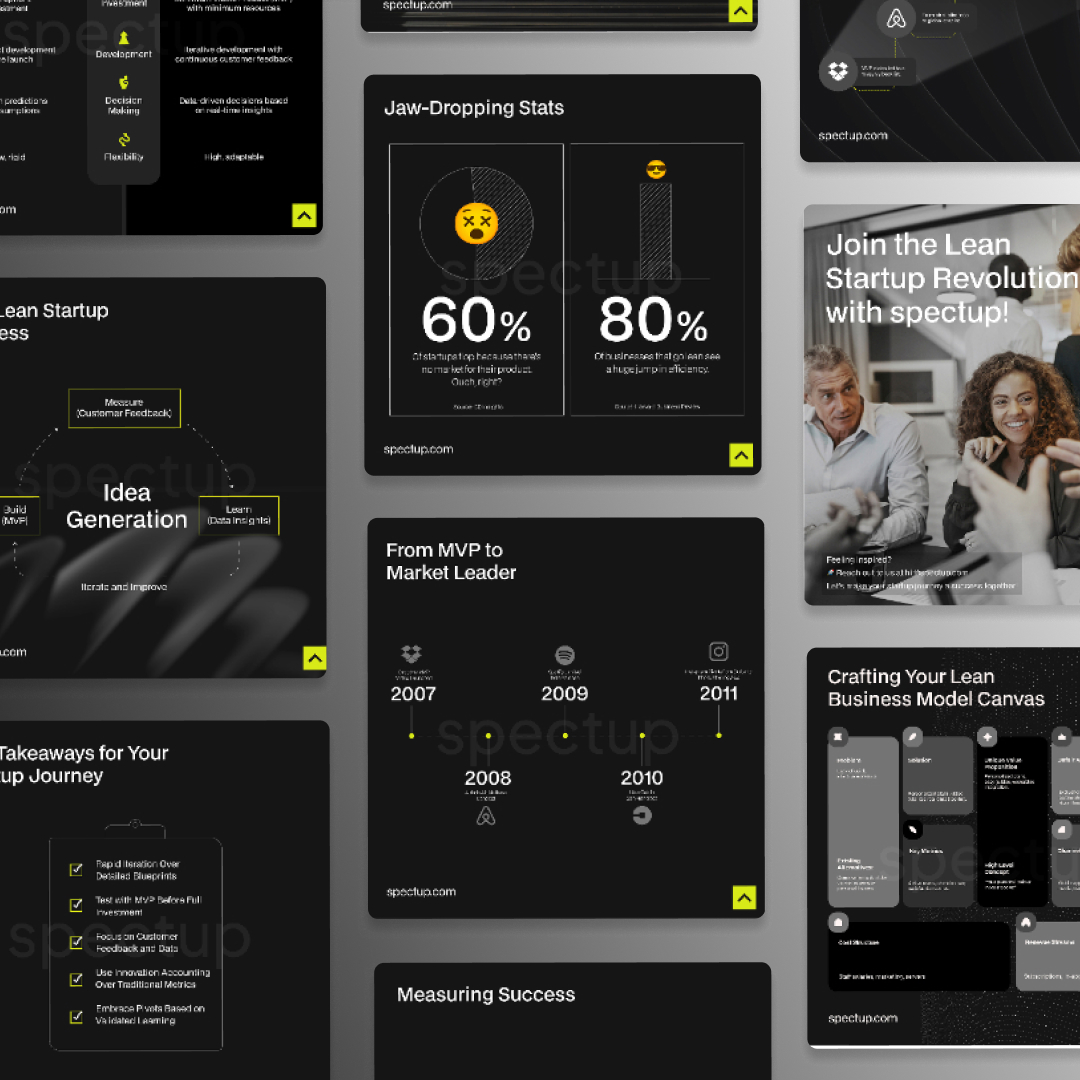 Canva Freelancers 43 Canvajoy Unlimited Graphic Design A grid layout displays various black and yellow-themed business presentation slides, featuring topics like Lean Startup Essentials and Idea Generation. With a sleek, minimalistic design, its ideal for those using unlimited graphic design services to enhance their visual presentations.