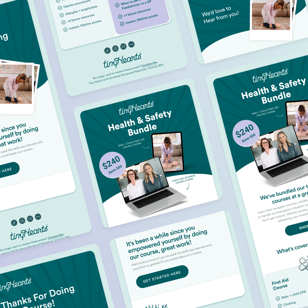 Canva Freelancers 70 Canvajoy Unlimited Graphic Design A collage of tinyHearts Health & Safety Bundle promotional images. The central image showcases a laptop with three people, labeled $240 Save 24%. Surrounding images emphasize course benefits and offers, featuring teal and white design elements in a style reminiscent of unlimited graphic design.