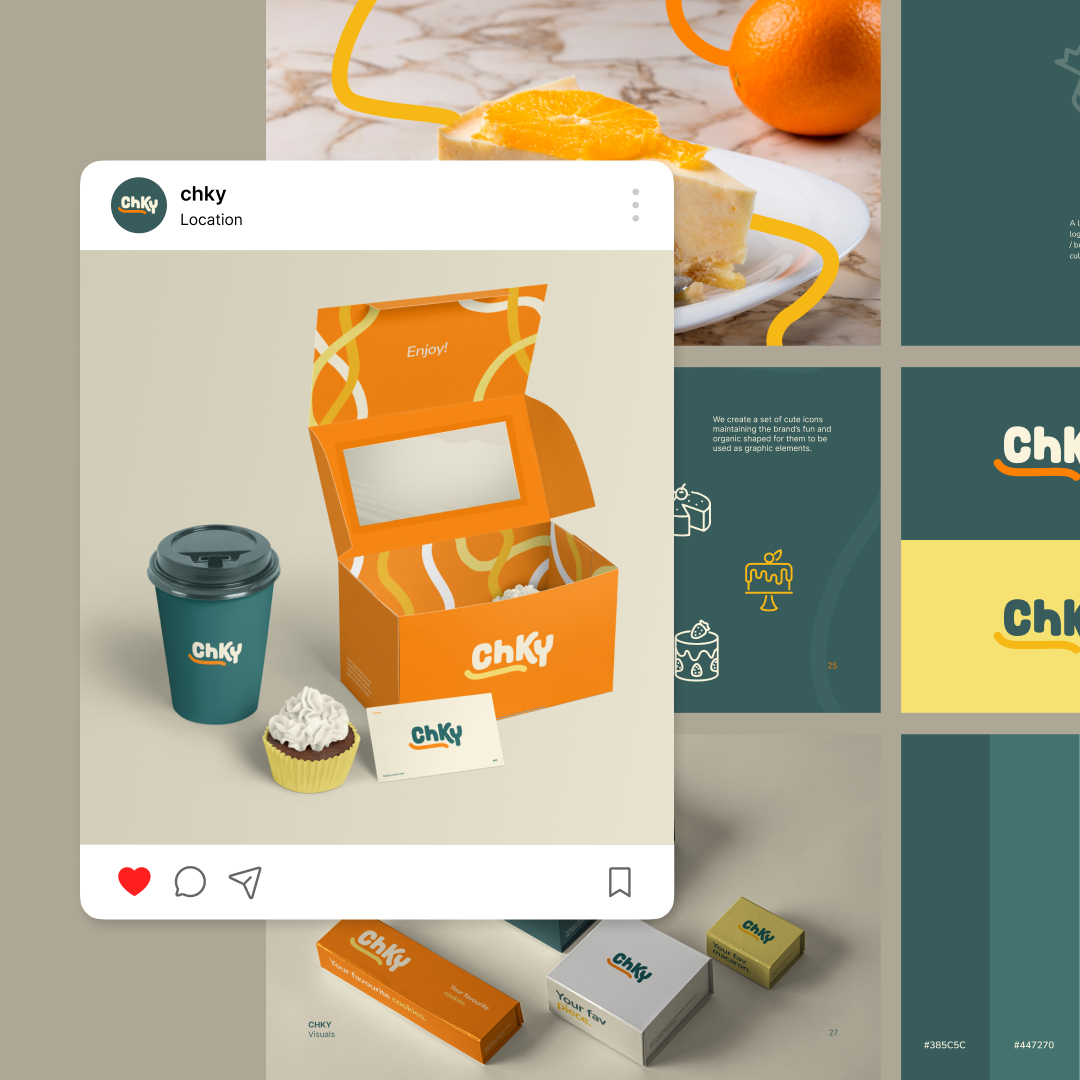 Canva Freelancers 63 Canvajoy Unlimited Graphic Design An Instagram post displays a coffee cup with a lid, a cupcake, and a rectangular box with the brand name ChKy on a table. The box is open, showing the inside. Background features various brand designs and an orange dessert.
