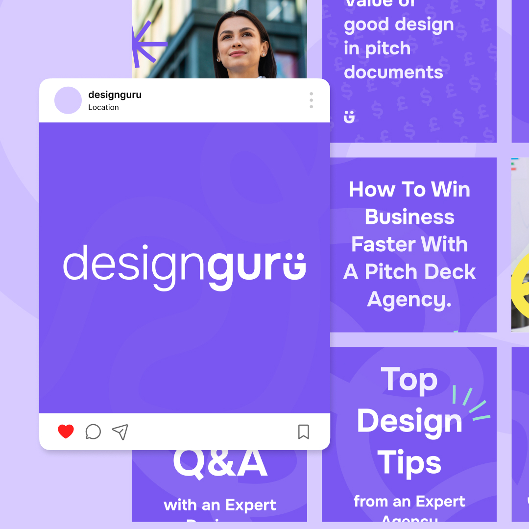 Canva Freelancers 53 Canvajoy Unlimited Graphic Design Collage with a purple theme featuring a womans face at the top, an Instagram-style post in the center with designguru text, and sections titled How To Win Business Faster With A Pitch Deck Agency and Top Design Tips from an Expert Agency. Consider design subscription for unlimited graphic design ideas.