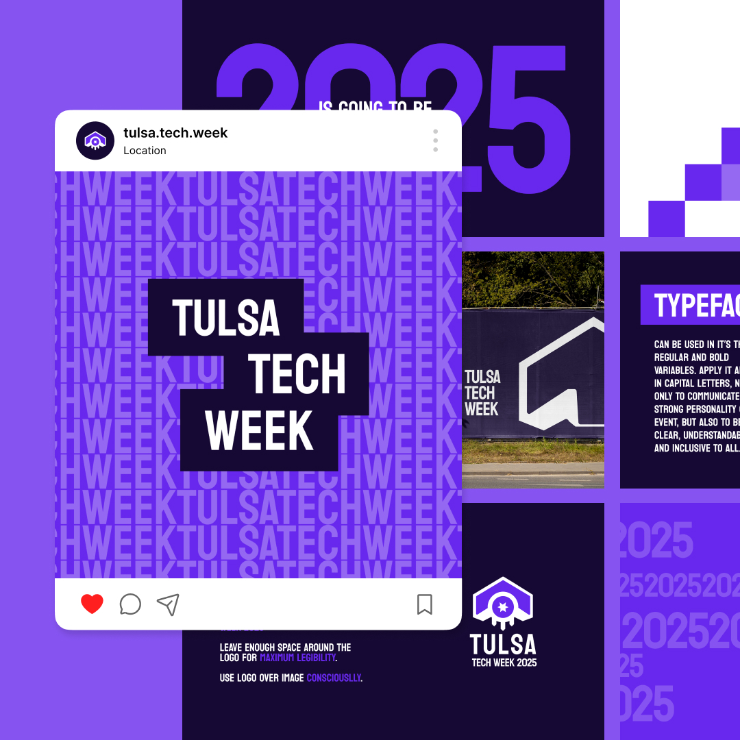 Canva Freelancers 66 Canvajoy Unlimited Graphic Design Collage showcasing a Tulsa Tech Week promo image. Features an Instagram post mockup, striking 2025 text, a logo, typography guidelines, and an event banner photo—all in purple and white with hints of unlimited graphic design potential.